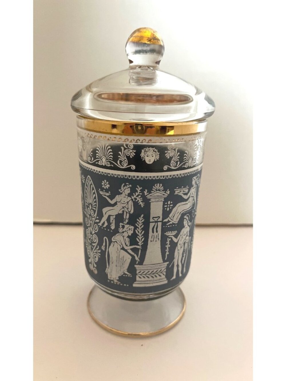 Vintage Jeannette Glass Corinthian Blue Jasperware Pedestal Candy Jar